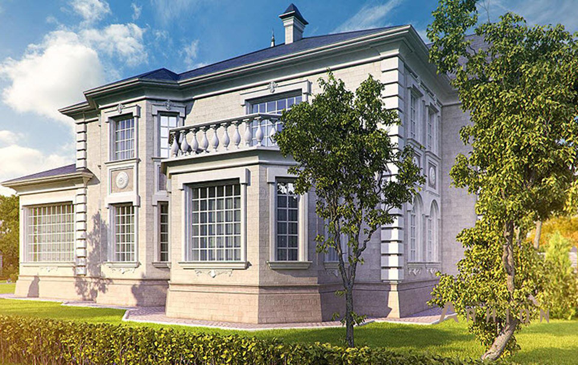 11. Проект двухэтажного дома в классическом стиле с четырехскатной, SOV-18, площадью - 536 кв c балконом, гаражом, эркером